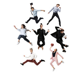 Fototapeta na wymiar Male and female office workers jumping and dancing in casual and business style clothes with folders, coffee, tablet on white background. Ballet dancers. Set