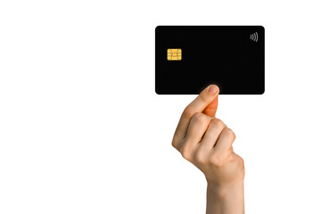 hand holding out a credit card on a white background
