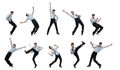 Excited, cheerful office worker dancing, singing in business style clothes or suit on white. Business, working open-space, motion and action concept. Creative collage.