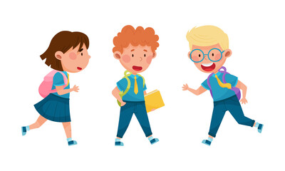 Cute kids in school uniform going to school with backpacks and books cartoon vector illustration