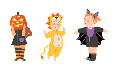 Kids in halloween costumes set. Cute children dressed as scary pumpkin, lion and bat cartoon vector illustration