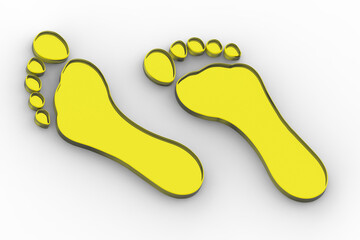 two bare traces of citron glass. close-up of bare trail. footprint of man's bare foot. Horizontal image. 3D image. 3D rendering.