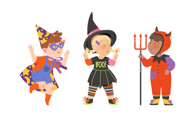 Kids in halloween costumes set. Cute children dressed as astronomer, witch and devil cartoon vector illustration