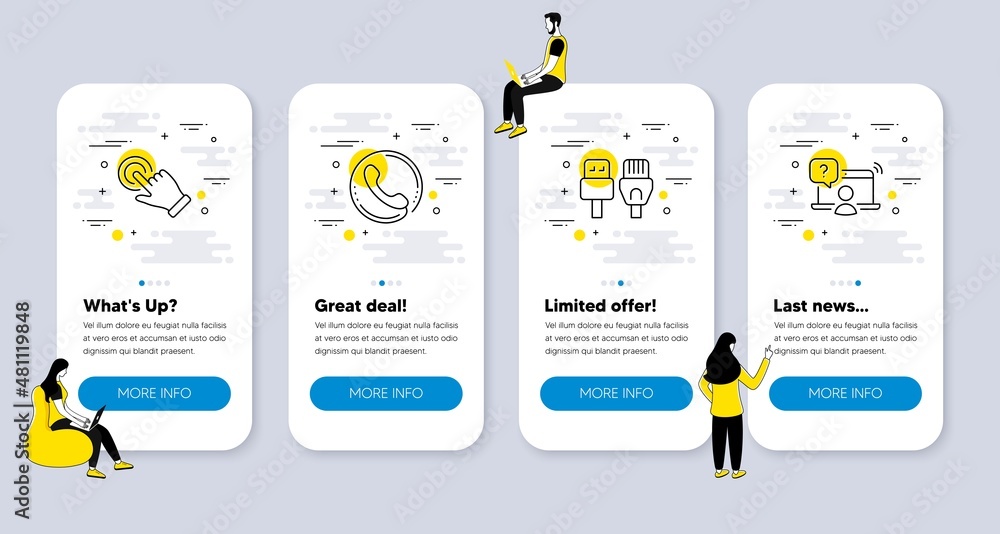 Poster vector set of technology icons related to touchscreen gesture, computer cables and call center icons