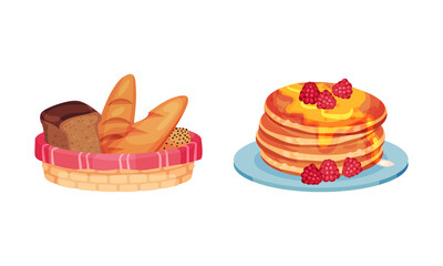 Freshly baked bread and stack of pancakes with berries cartoon vector illustration