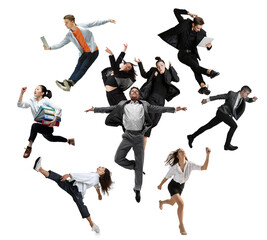 Male and female office workers jumping and dancing in casual and business style clothes with...