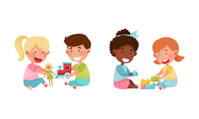 Kids playing together set. Boy and girl sitting on floor playing with doll, train and toy blocks cartoon vector illustration