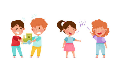 Cute kids playing together set. Little boys arguing over toys, girls greeting each other cartoon vector illustration