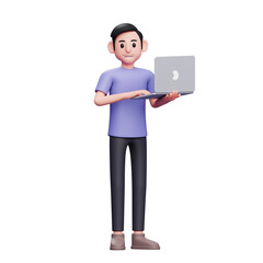 boy standing holding laptop and typing while looking at camera 3d render character illustration
