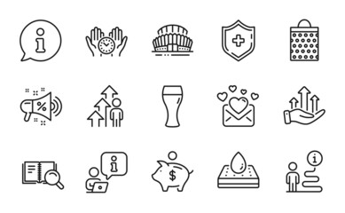 Business icons set. Included icon as Love mail, Beer glass, Search book signs. Shopping bag, Employee result, Growth chart symbols. Safe time, Sports stadium, Sale megaphone. Piggy bank. Vector