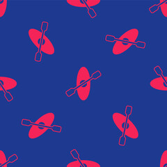 Red Kayak and paddle icon isolated seamless pattern on blue background. Kayak and canoe for fishing and tourism. Outdoor activities. Vector