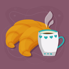 Breakfast croissants with coffee in flat design on purple background