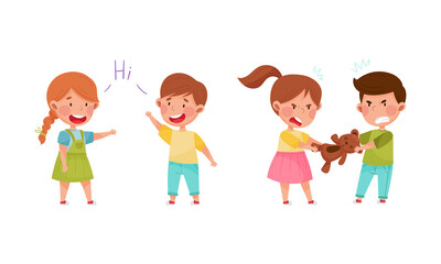 Fototapeta premium Cute kids playing together set. Little children arguing over toy teddy bear and greeting each other cartoon vector illustration