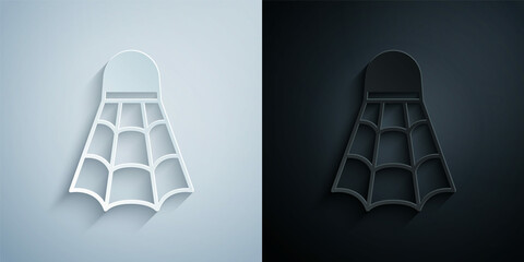 Paper cut Badminton shuttlecock icon isolated on grey and black background. Sport equipment. Paper art style. Vector