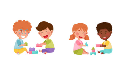 Cute kids playing together set. Little children sitting on floor playing toy blocks cartoon vector illustration