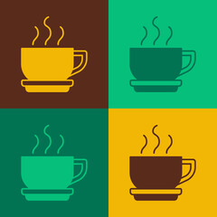 Pop art Coffee cup icon isolated on color background. Tea cup. Hot drink coffee. Vector