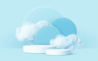 3d realistic podium product and smoke clouds. Blue and white 3d render scene with product podium display and clouds. Vector illustration