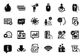 Vector Set of Technology icons related to Dating, Artificial intelligence and Wifi icons. Agent, Analytical chat and Atm service signs. Swipe up, Washing machine and Translation service. Vector