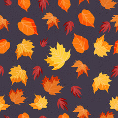 Fototapeta na wymiar Seamless pattern with colorful autumn leaves. Vector stock illustration. Wallpaper print. Leaf fall. Dark background. Cartoon.
