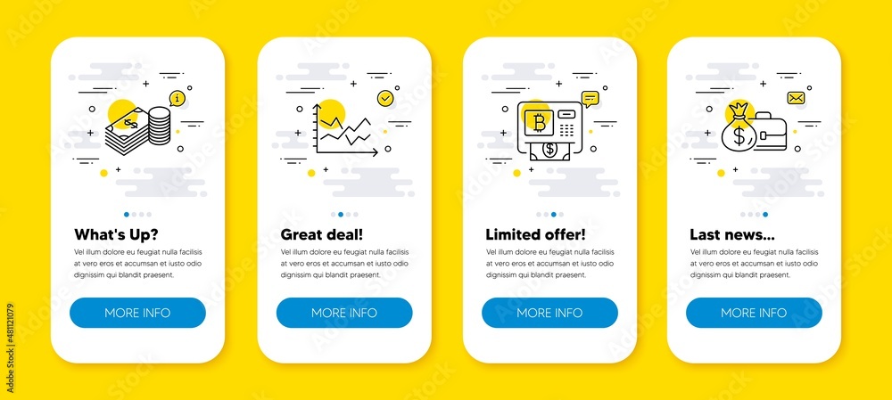 Aufkleber vector set of savings, bitcoin atm and diagram chart line icons set. ui phone app screens with line 