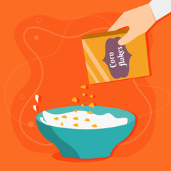 Breakfast cereals in flat design. Corn flakes on orange background