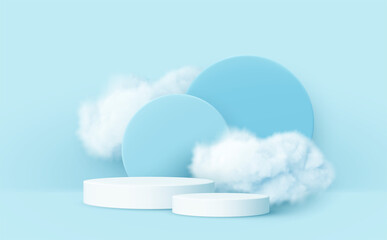 3d realistic podium product and smoke clouds. Blue and white 3d render scene with product podium display and clouds. Vector illustration