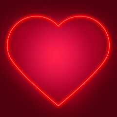 A large, neon, glowing red heart on a purple background. square bright illustration with copy space. Tag, postcard, discount.
