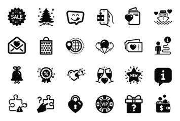 Vector Set of Holidays icons related to Love lock, Christmas tree and Puzzle icons. Honeymoon cruise, Puzzle game and Yummy smile signs. Love tickets, Sale and Shopping bag. Secret gift. Vector
