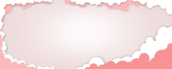 Pink illustration with clouds and copy space. Beautiful banner with paper pink clouds on a white background.