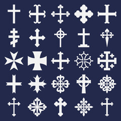 Vector illustration of 25 different heraldic white crosses isolated on blue background