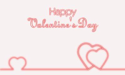 Neon hearts on a one time background with happy valentine's day greeting text. Beautiful greeting card with neon text on a pink background.
