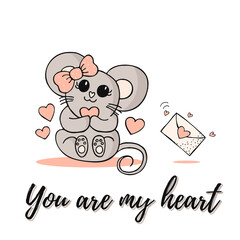 Cute little mouse with pink polka-dot bow, envelope and hearts. Happy Valentines Day. Love and romance. You are my heart.