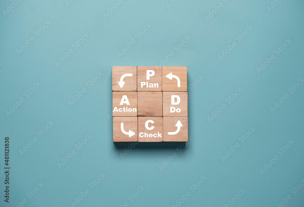 Poster plan do check action print screen on screen on wooden block for continuous improvement concept by pd