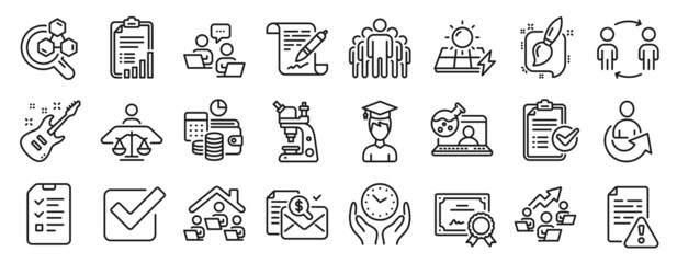 Set of Education icons, such as Certificate, Interview, Microscope icons. Instruction manual, Teamwork, Agreement document signs. Online chemistry, Work home, Court judge. Workflow, Group. Vector