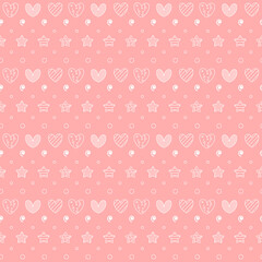 Romantic seamless pattern with a heart. Happy Valentine s Day. White outline hearts, dots and stars on a pink background.