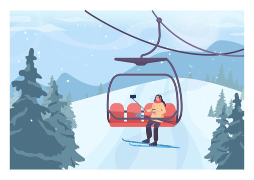 Skier lifting up to a slope by ski lift. Character taking selfie on a chairlift.