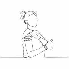 Continuous one simple single abstract line drawing of nurse medical worker showing thumbs and vaccine icon in silhouette on a white background. Linear stylized.