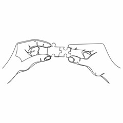 Continuous one simple single abstract line drawing of puzzle in hand icon in silhouette on a white background. Linear stylized.