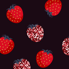 Strawberry. Pattern with berries. Vector stock illustration. Black background. Nature. Decorations. Brilliant ornament. Modern design.
