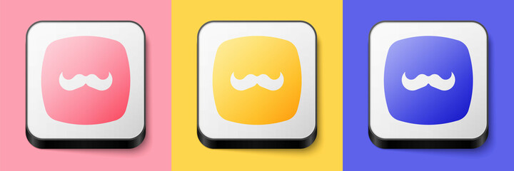 Isometric Mustache icon isolated on pink, yellow and blue background. Barbershop symbol. Facial hair style. Square button. Vector