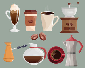 A set of vector illustrations with paper cups for coffee,a geyser coffee maker,a manual coffee grinder,Irish coffee,a cup of coffee, a coffee pot, a turk,coffee beans.