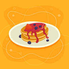 Breakfast pancakes with berries and syrup in flat design