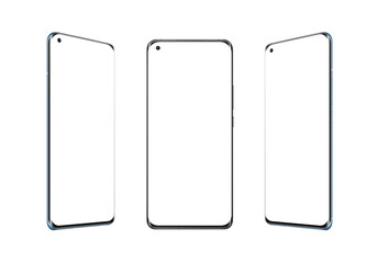 Phone isolated in three positions. Isolated display and background for app design presentation. Round screen with thin edges and camera built into display