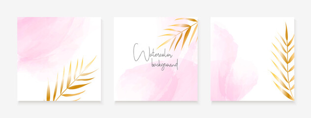Instagram post templates with pink watercolor spots and golden palm leaves. Vector set of vertical abstract backgrounds with place for text. For social media stories