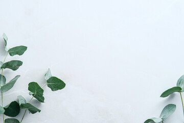 Watercolor eucalyptus branches on marble stone table top view. Floral composition. Flat lay, top view, copy space.
