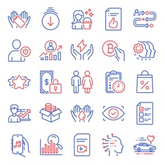 Business icons set. Included icon as Journey path, Security, Video file signs. Artificial intelligence, Scroll down, Biometric eye symbols. Cleaning, Search, Honeymoon travel. Star. Vector