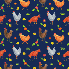 Hens seamless pattern on blue background. Hand drawn with color pencils chicks, flowers, leaves, grass repeat print. Cartoon domestic birds, chickens design.
