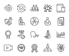 Vector set of Tutorials, Video camera and Winner ribbon line icons set. Creativity, Timer and Teamwork question icons. Financial documents, Teamwork and Share signs. Tutorials web symbol. Vector