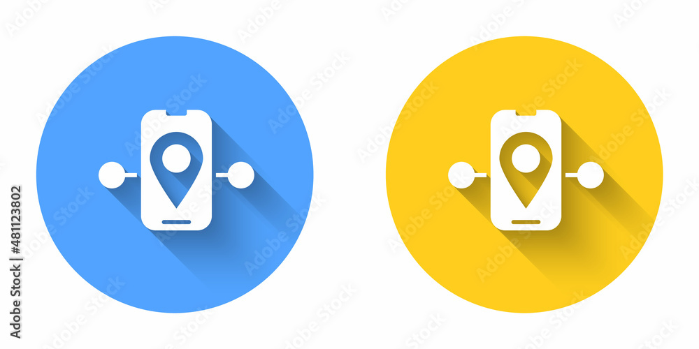 Poster white route location icon isolated with long shadow background. train line path of train road route 