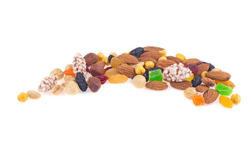 Assorted mixed nuts, white background. Top view.